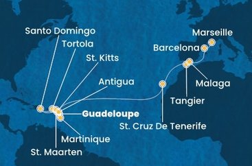 Guadeloupe, Svätý Krištof a Nevis, Britské Panenské ostrovy, Dominikánska republika, Svatý Martin, Martinik, Antigua a Barbuda, Španielsko, Maroko, Francúzsko z Pointe-à-Pitre na lodi Costa Favolosa