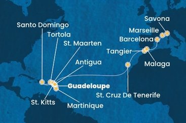 Guadeloupe, Svätý Krištof a Nevis, Britské Panenské ostrovy, Dominikánska republika, Svatý Martin, Martinik, Antigua a Barbuda, Španielsko, Maroko, Francúzsko, Taliansko z Pointe-à-Pitre na lodi Costa Favolosa