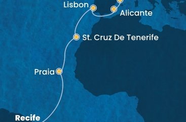Brazília, Kapverdy, Španielsko, Portugalsko, Francúzsko z Recife na lodi Costa Pacifica