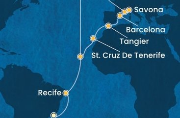 Brazília, Kapverdy, Španielsko, Maroko, Francúzsko, Taliansko z Rio de Janeira na lodi Costa Favolosa