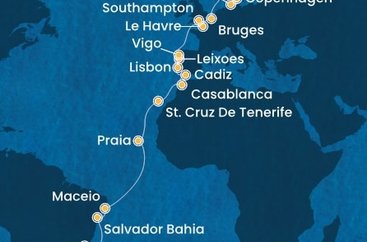 Brazília, Kapverdy, Španielsko, Maroko, Portugalsko, Francie, Veľká Británia, Belgicko, Nemecko, Dánsko z Rio de Janeira na lodi Costa Diadema