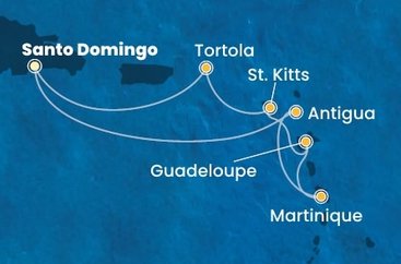 Dominikánska republika, Antigua a Barbuda, Martinik, Guadeloupe, Svätý Krištof a Nevis, Britské Panenské ostrovy zo Santa Dominga na lodi Costa Favolosa
