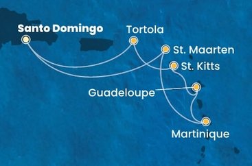Dominikánska republika, Svatý Martin, Martinik, Guadeloupe, Svätý Krištof a Nevis, Britské Panenské ostrovy zo Santa Dominga na lodi Costa Favolosa