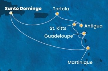 Dominikánska republika, Martinik, Guadeloupe, Svätý Krištof a Nevis, Antigua a Barbuda, Britské Panenské ostrovy zo Santa Dominga na lodi Costa Favolosa