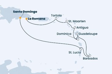 Dominikánska republika, Svätá Lucia, Barbados, Guadeloupe, Dominika, Antigua a Barbuda, Svatý Martin, Britské Panenské ostrovy zo Santa Dominga na lodi Costa Pacifica