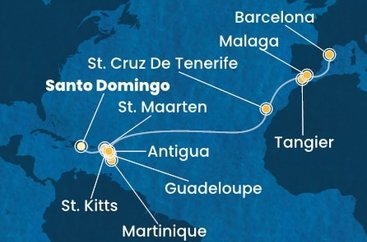 Dominikánska republika, Svatý Martin, Martinik, Guadeloupe, Svätý Krištof a Nevis, Antigua a Barbuda, Španielsko, Maroko zo Santa Dominga na lodi Costa Favolosa