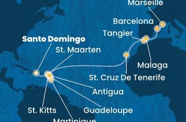 Dominikánska republika, Svatý Martin, Martinik, Guadeloupe, Svätý Krištof a Nevis, Antigua a Barbuda, Španielsko, Maroko, Francúzsko zo Santa Dominga na lodi Costa Favolosa