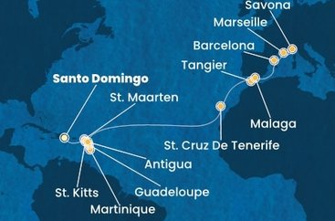 Dominikánska republika, Svatý Martin, Martinik, Guadeloupe, Svätý Krištof a Nevis, Antigua a Barbuda, Španielsko, Maroko, Francúzsko, Taliansko zo Santa Dominga na lodi Costa Favolosa