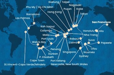 USA, Francouzská Polynésie, Fiji, Nová Kaledonie, Austrália, Papua Nová Guinea, Japonsko, Južná Kórea, Tchaj-wan, Čína, Vietnam, Thajsko, Singapur, Malajzia, Srí Lanka, Maledivy, Maurícius, Juhoafrická republika, Namíbia, Kapverdy, Španielsko zo San Francisca na lodi Costa Deliziosa