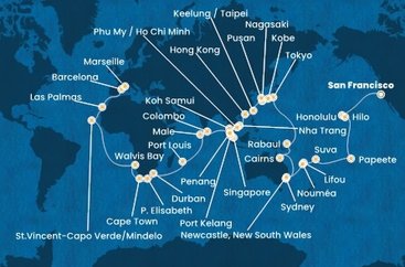 USA, Francouzská Polynésie, Fiji, Nová Kaledonie, Austrália, Papua Nová Guinea, Japonsko, Južná Kórea, Tchaj-wan, Čína, Vietnam, Thajsko, Singapur, Malajzia, Srí Lanka, Maledivy, Maurícius, Juhoafrická republika, Namíbia, Kapverdy, Španielsko, Francúzsko zo San Francisca na lodi Costa Deliziosa