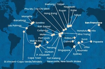 USA, Francouzská Polynésie, Fiji, Nová Kaledonie, Austrália, Papua Nová Guinea, Japonsko, Južná Kórea, Tchaj-wan, Čína, Vietnam, Thajsko, Singapur, Malajzia, Srí Lanka, Maledivy, Maurícius, Juhoafrická republika, Namíbia, Kapverdy, Španielsko, Francúzsko, Taliansko zo San Francisca na lodi Costa Deliziosa