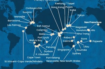 USA, Francouzská Polynésie, Fiji, Nová Kaledonie, Austrália, Papua Nová Guinea, Japonsko, Južná Kórea, Tchaj-wan, Čína, Vietnam, Thajsko, Singapur, Malajzia, Srí Lanka, Maledivy, Maurícius, Juhoafrická republika, Namíbia, Kapverdy, Španielsko, Francúzsko, Taliansko zo San Francisca na lodi Costa Deliziosa
