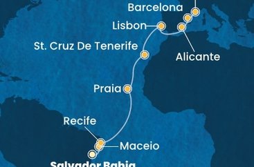 Brazília, Kapverdy, Španielsko, Portugalsko, Francúzsko zo Salvadoru na lodi Costa Pacifica