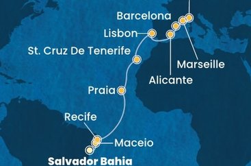 Brazília, Kapverdy, Španielsko, Portugalsko, Francúzsko, Taliansko zo Salvadoru na lodi Costa Pacifica