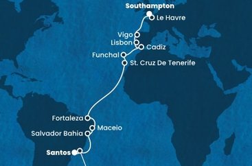 Brazília, Španielsko, Portugalsko, Francúzsko, Veľká Británia zo Santosu na lodi Costa Diadema