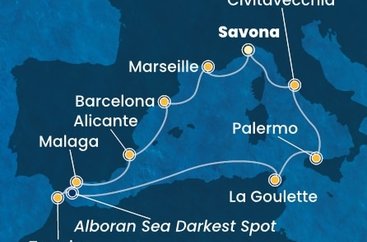 Taliansko, Francúzsko, Španielsko, Maroko, , Tunisko, Sicília ze Savony na lodi Costa Toscana