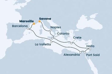 Taliansko, Grécko, Izrael, Egypt, Malta, Španielsko, Francúzsko zo Savony na lodi Costa Pacifica