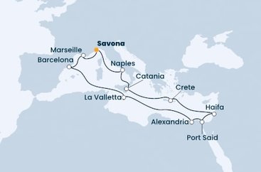 Taliansko, Grécko, Izrael, Egypt, Malta, Španielsko, Francúzsko zo Savony na lodi Costa Pacifica