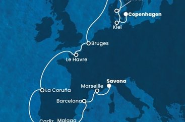 Taliansko, Francúzsko, Španielsko, Belgicko, Nórsko, Dánsko, Nemecko zo Savony na lodi Costa Diadema