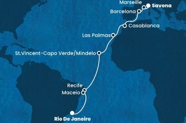 Taliansko, Francúzsko, Španielsko, Maroko, Kapverdy, Brazília zo Savony na lodi Costa Deliziosa