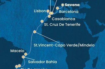 Taliansko, Španielsko, Portugalsko, Maroko, Kapverdy, Brazília ze Savony na lodi Costa Diadema
