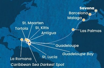 Taliansko, Španielsko, Guadeloupe, Svatý Martin, Dominikánska republika, Svätá Lucia, Antigua a Barbuda, Svätý Krištof a Nevis, Britské Panenské ostrovy ze Savony na lodi Costa Fascinosa