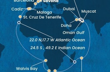 Taliansko, Francúzsko, Španielsko, Namíbia, Juhoafrická republika, Maurícius, Omán, Spojené arabské emiráty, Katar ze Savony na lodi Costa Smeralda