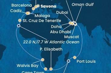 Taliansko, Francúzsko, Španielsko, Namíbia, Juhoafrická republika, Maurícius, Omán, Spojené arabské emiráty, Katar ze Savony na lodi Costa Smeralda