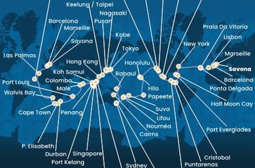 Taliansko, Francúzsko, Španielsko, Portugalsko, USA, Bahamy, Panama, Kostarika, Guatemala, Mexiko, Havaj, Francouzská Polynésie, Fiji, Nová Kaledonie, Austrália, Papua Nová Guinea, Honšú, Kjúšú, Južná Kórea, Tchaj-wan, Čína, Vietnam, Thajsko, Singapur, Malajzia, Penang, Srí Lanka, Maledivy, Maurícius, Juhoafrická republika, Namíbia, Sao Vincente, Gran Canaria ze Savony na lodi Costa Deliziosa