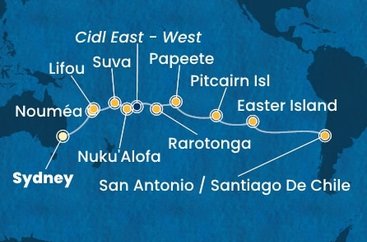 Austrália, Nová Kaledonie, Fiji, Tonga, , Cookovy ostrovy, Francouzská Polynésie, Zámořské území Velké Británie, Chile ze Sydney na lodi Costa Serena