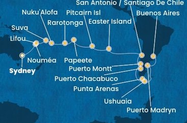 Austrália, Nová Kaledonie, Fiji, Tonga, Cookovy ostrovy, Francouzská Polynésie, Zámořské území Velké Británie, Chile, Argentína ze Sydney na lodi Costa Serena