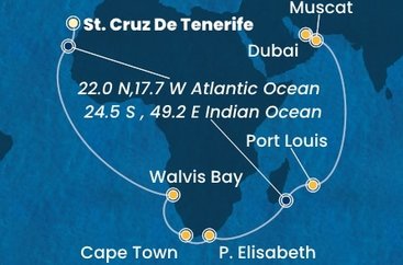 Španielsko, Namíbia, Juhoafrická republika, Maurícius, Omán, Spojené arabské emiráty z Tenerife na lodi Costa Smeralda