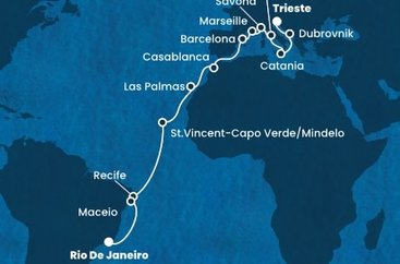Taliansko, Chorvátsko, Francúzsko, Španielsko, Maroko, Kapverdy, Brazília z Trieste na lodi Costa Deliziosa