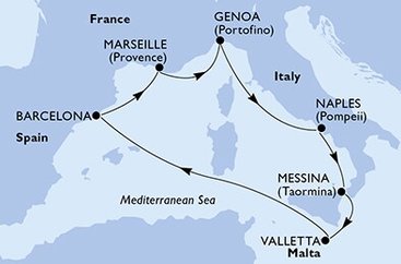 Taliansko, Malta, Španielsko, Francúzsko z Messiny na lodi MSC World Europa