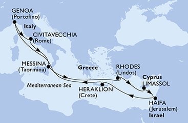 Taliansko, Grécko, Cyprus, Izrael z Civitavechie na lodi MSC Lirica