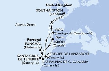 Veľká Británia, Portugalsko, Španielsko zo Southamptonu na lodi MSC Virtuosa