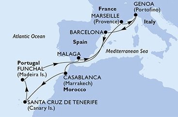 Španielsko, Maroko, Portugalsko, Francúzsko, Taliansko z Barcelony na lodi MSC Divina