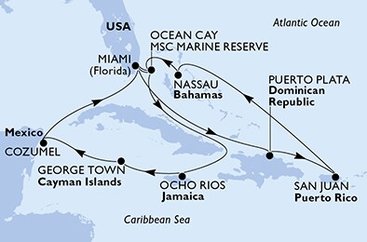 USA, Dominikánska republika, Bahamy, Jamajka, Kajmanské ostrovy, Mexiko z Miami na lodi MSC Seascape