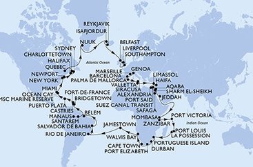Taliansko, Francúzsko, Španielsko, Malta, Cyprus, Izrael, z Port Saidu, Egypt, Jordánsko, Saúdská Arábie, Keňa, Tanzánie, Seychely, Maurícius, Reunion, Mozambik, Juhoafrická republika, Namíbia, Zámořské území Velké Británie, Brazília, Svätá Lucia, Barbados, Martinik, Dominikánska republika, Bahamy, USA, USA - Východné pobrežie, Kanada, Autonomní oblast Dánska, Island, Veľká Británia z Janova na lodi MSC Poesia