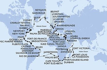 Taliansko, Francúzsko, Španielsko, Malta, Cyprus, Izrael, z Port Saidu, Egypt, Jordánsko, Saúdská Arábie, Keňa, Tanzánie, Seychely, Maurícius, Reunion, Mozambik, Juhoafrická republika, Namíbia, Zámořské území Velké Británie, Brazília, Svätá Lucia, Barbados, Martinik, Dominikánska republika, Bahamy, USA, USA - Východné pobrežie, Kanada, Autonomní oblast Dánska, Island, Veľká Británia, Holandsko, Nemecko z Janova na lodi MSC Poesia