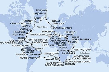 Španielsko, Taliansko, Malta, Cyprus, Izrael, z Port Saidu, Egypt, Jordánsko, Saúdská Arábie, Keňa, Tanzánie, Seychely, Maurícius, Reunion, Mozambik, Juhoafrická republika, Namíbia, Zámořské území Velké Británie, Brazília, Svätá Lucia, Barbados, Martinik, Dominikánska republika, Bahamy, USA, USA - Východné pobrežie, Kanada, Autonomní oblast Dánska, Island, Veľká Británia z Barcelony na lodi MSC Poesia