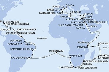 Taliansko, Francúzsko, Španielsko, Malta, Cyprus, Izrael, z Port Saidu, Egypt, Jordánsko, Saúdská Arábie, Keňa, Tanzánie, Seychely, Maurícius, Reunion, Mozambik, Juhoafrická republika, Namíbia, Zámořské území Velké Británie, Brazília, Svätá Lucia, Barbados, Martinik, Dominikánska republika, Bahamy, USA z Janova na lodi MSC Poesia