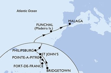 Martinik, Guadeloupe, Barbados, Antigua a Barbuda, Svatý Martin, Portugalsko, Španielsko z Fort de France, Martinik na lodi MSC Seaside