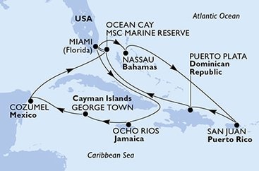 USA, Jamajka, Kajmanské ostrovy, Mexiko, Bahamy, Dominikánska republika z Miami na lodi MSC Seascape