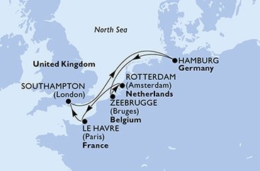 Nemecko, Belgicko, Holandsko, Francúzsko, Veľká Británia z Hamburgu na lodi MSC Virtuosa