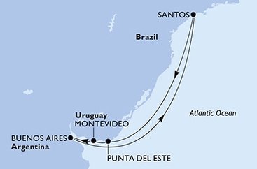 Brazília, Uruguaj, Argentína zo Santosu na lodi MSC Preziosa