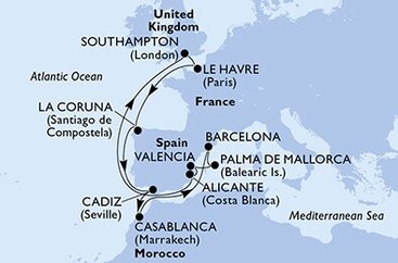 Veľká Británia, Francúzsko, Španielsko, Maroko zo Southamptonu na lodi MSC Virtuosa