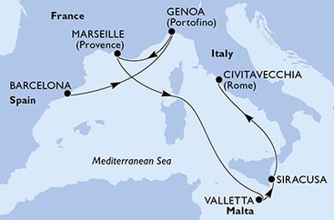 Španielsko, Taliansko, Francúzsko, Malta z Barcelony na lodi MSC Divina