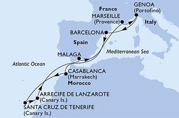 Španielsko, Francúzsko, Taliansko, Maroko z Tenerife na lodi MSC Divina