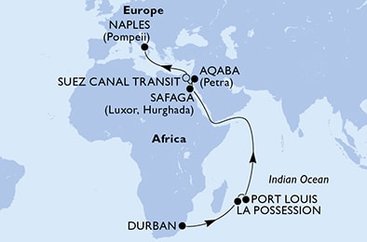 Juhoafrická republika, Reunion, Maurícius, Egypt, Jordánsko, Taliansko z Durbanu na lodi MSC Splendida